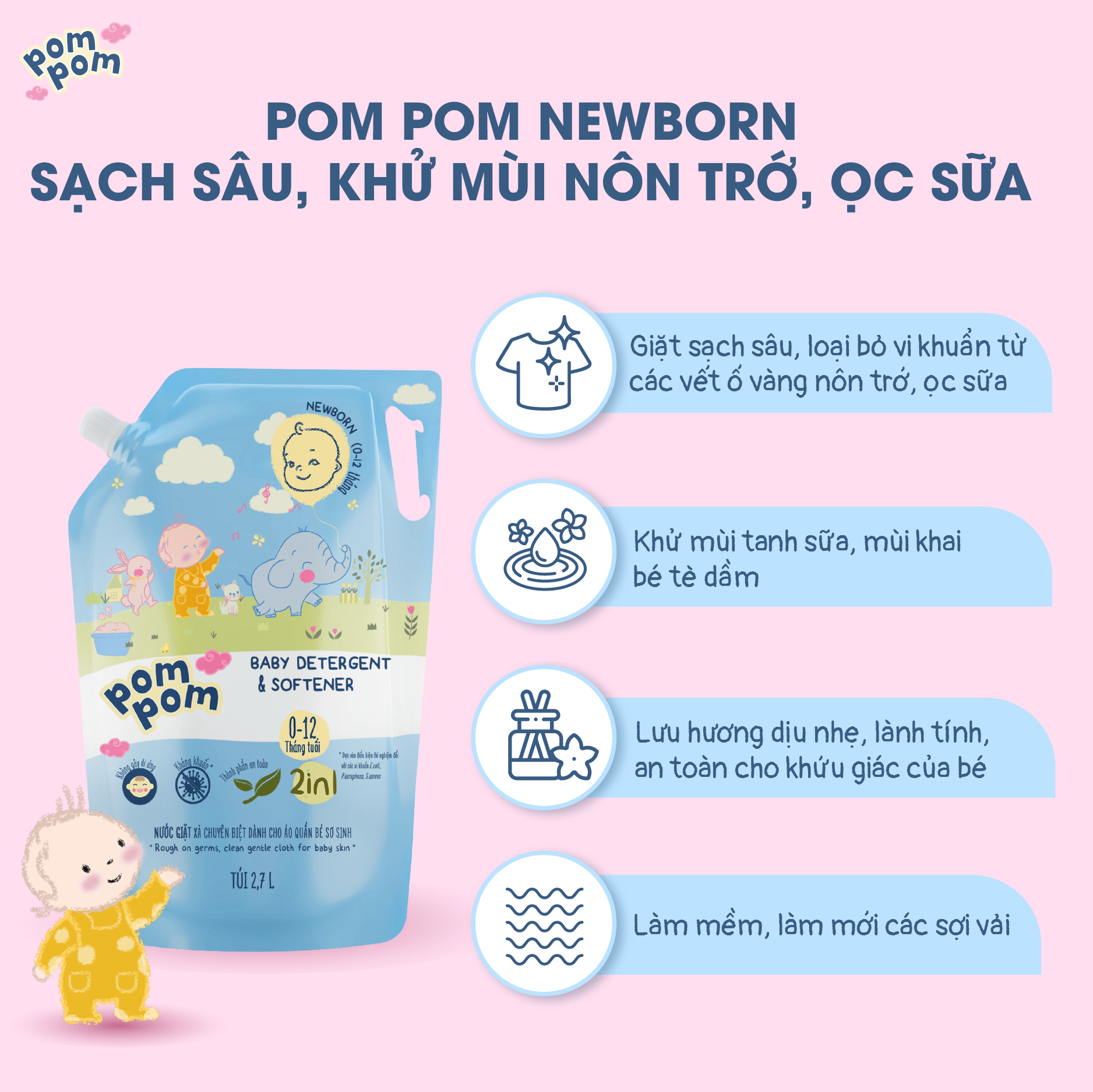 Thùng 3 Túi 2.7L Pom Pom Newborn - Gel Giặt Xả Cho Bé Sơ Sinh 0 - 12 Tháng