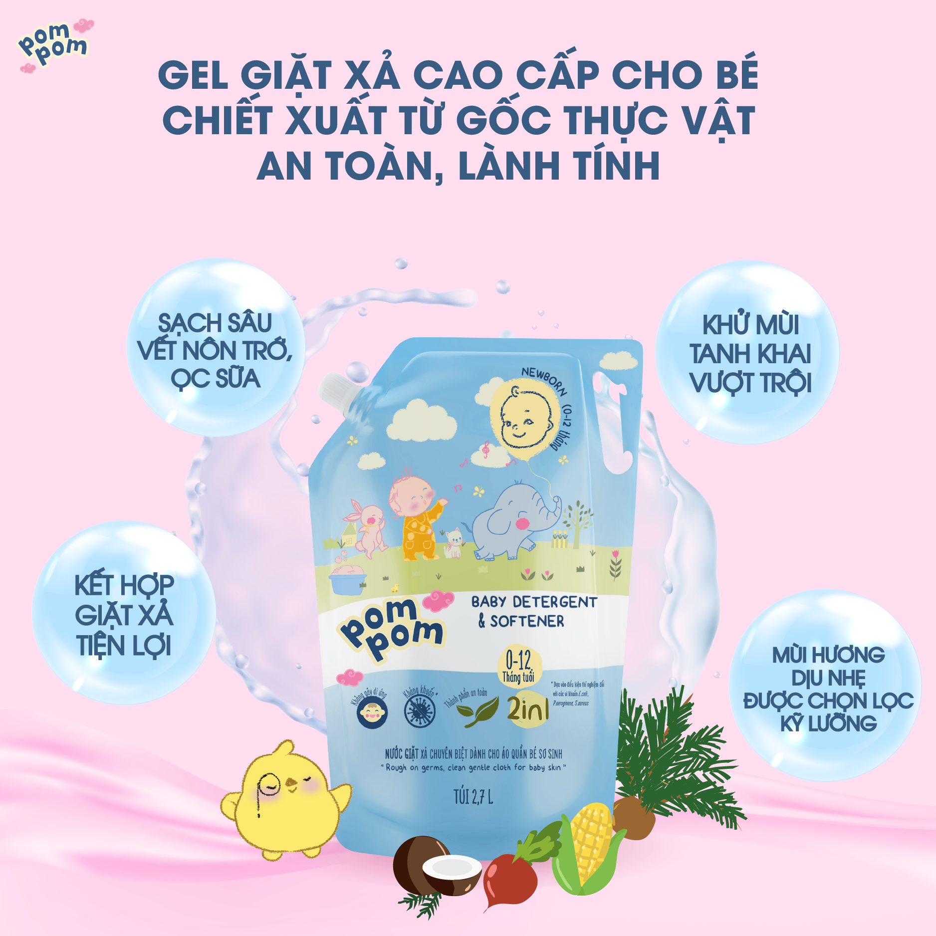 Thùng 3 Túi 2.7L Pom Pom Newborn - Gel Giặt Xả Cho Bé Sơ Sinh 0 - 12 Tháng