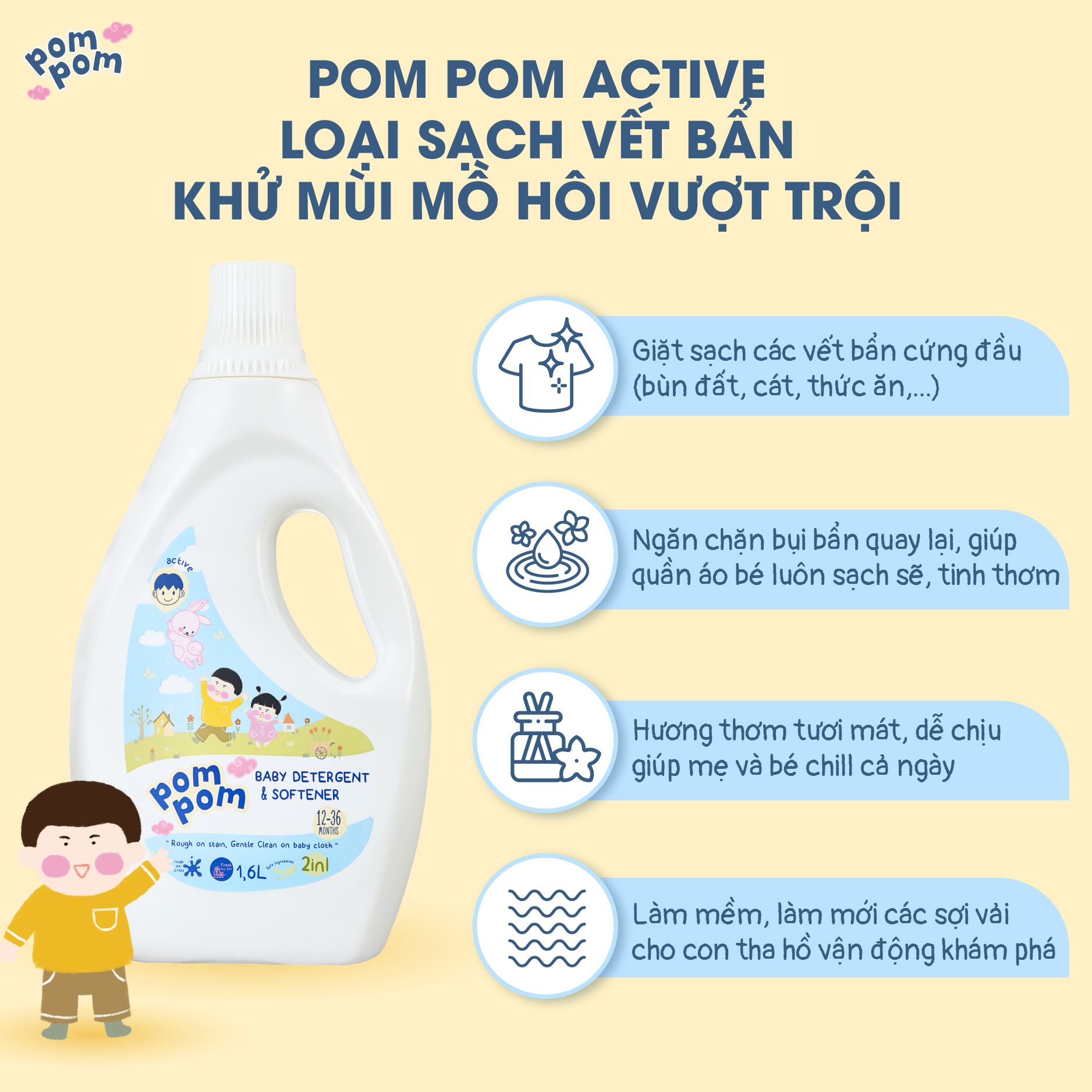 Chai 1.6L Pom Pom Active - Gel Giặt xả cho Bé Từ 1 tuổi và Cả Nhà