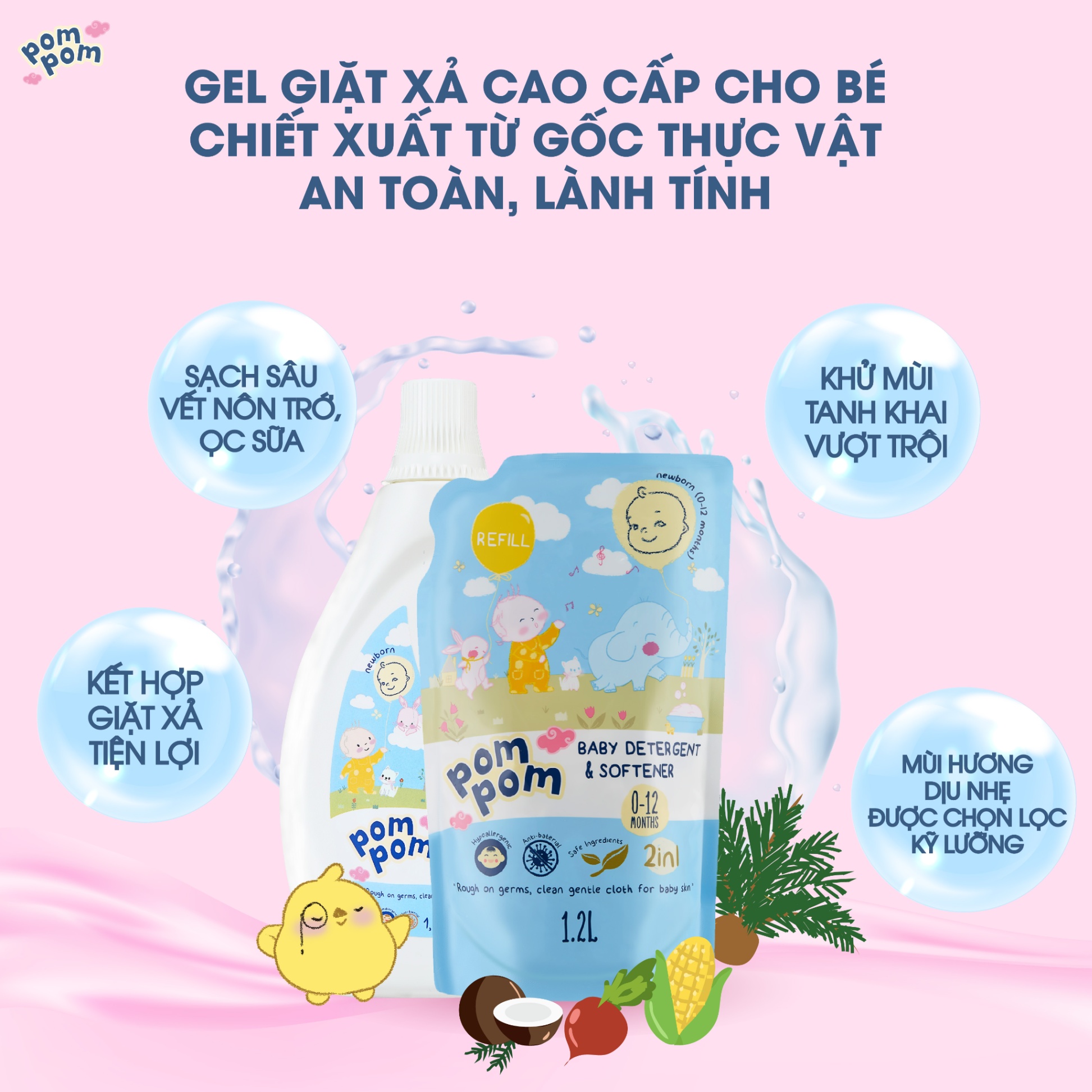 Combo Refill Pom Pom Newborn (01 Chai + 01 Túi 1.2L)