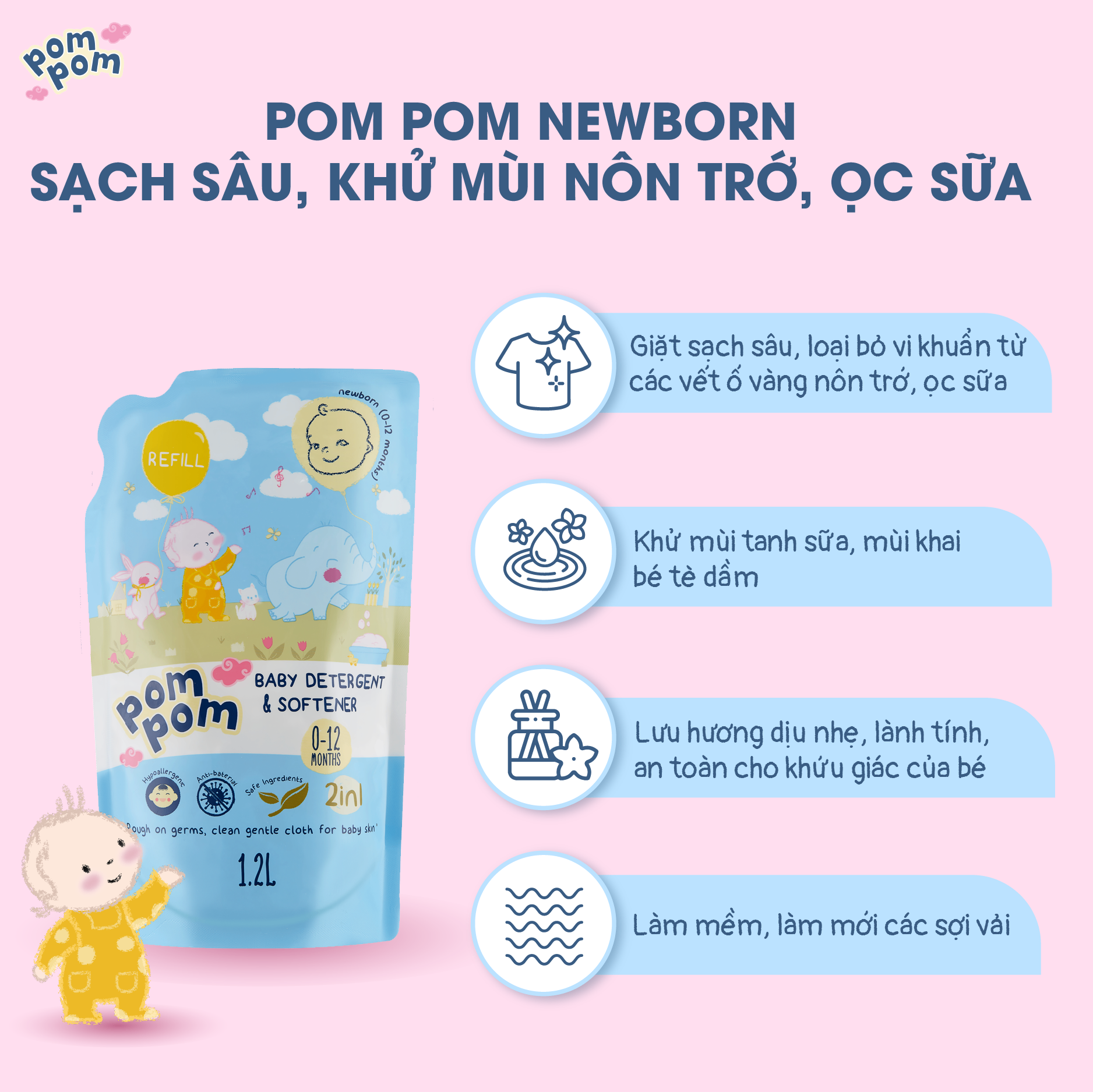 Túi 1.2L Pom Pom Newborn - Gel Giặt Xả Dành Cho Bé 0-12 Tháng