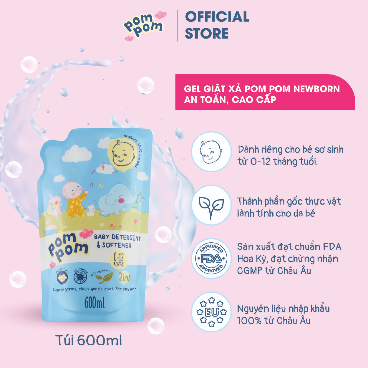 Thùng 8 Túi 600ml Pom Pom Newborn - Gel Giặt xả dành cho Bé 0 - 12 tháng