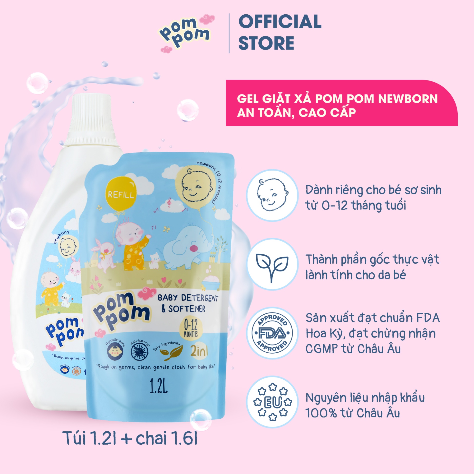 Combo Refill Pom Pom Newborn (01 Chai + 01 Túi 1.2L)