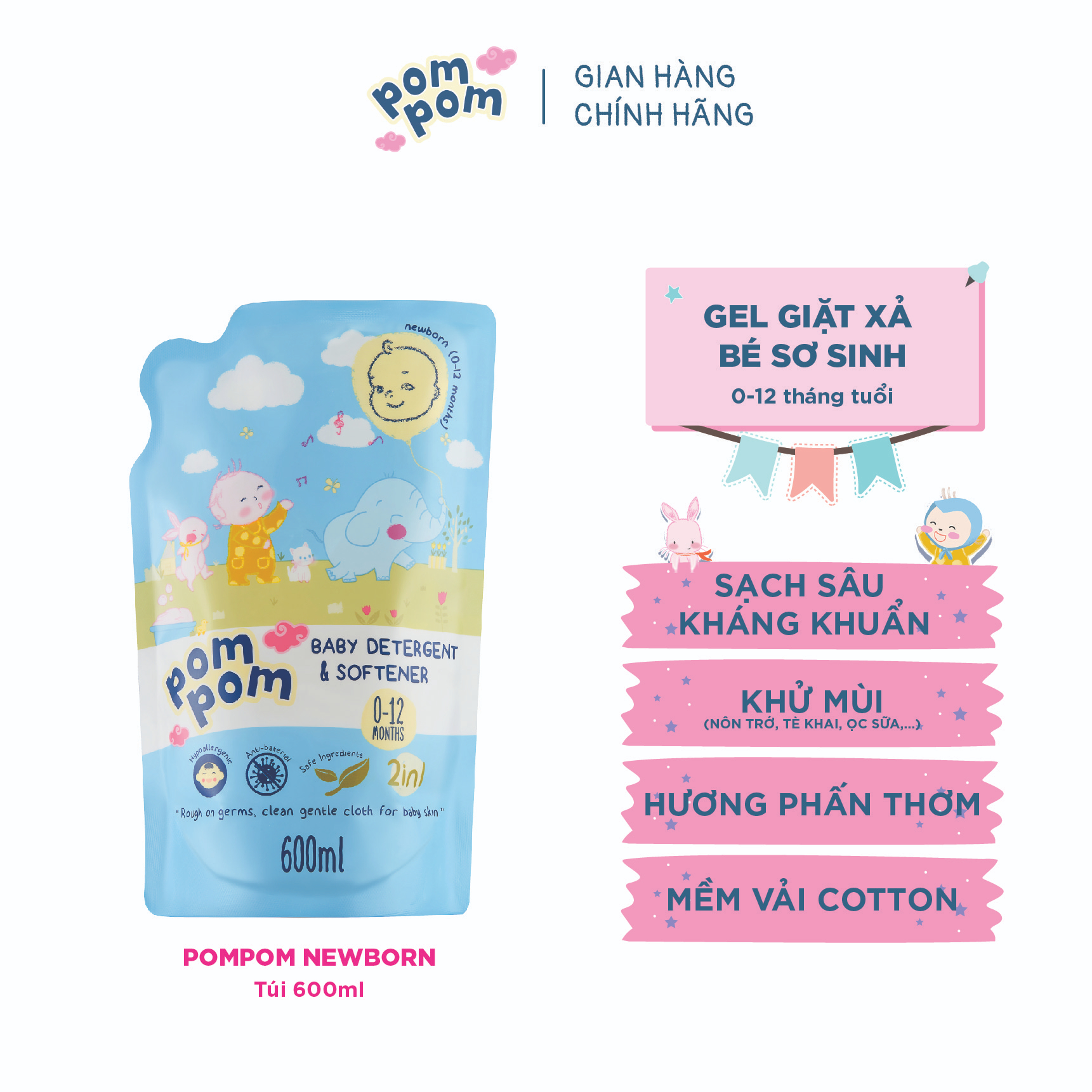 TÚI 600ML POM POM NEWBORN - GEL GIẶT XẢ DÀNH CHO BÉ SƠ SINH 0 - 12 THÁNG