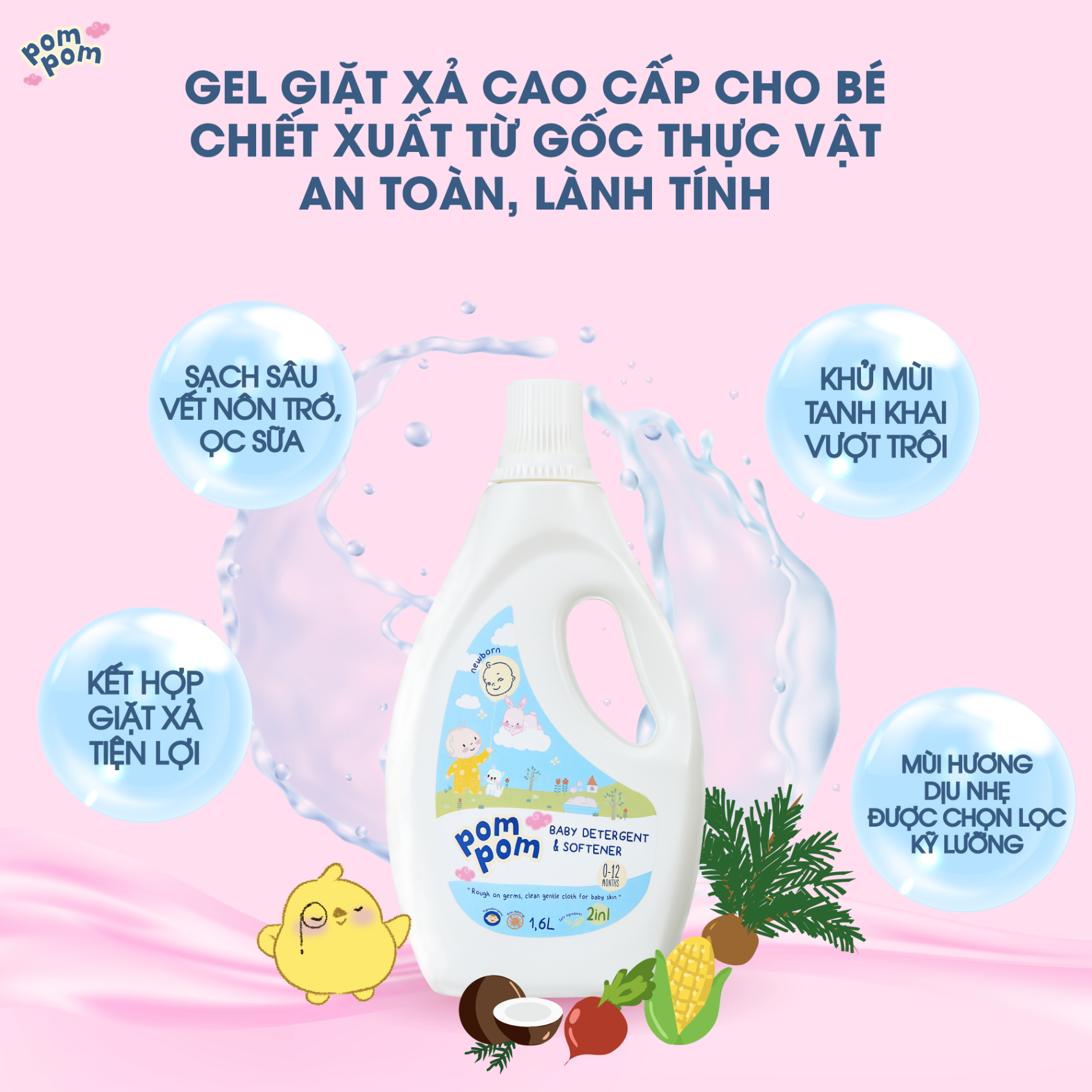 CHAI 1.6L POM POM NEWBORN - GEL GIẶT XẢ DÀNH CHO BÉ SƠ SINH 0 - 12 THÁNG