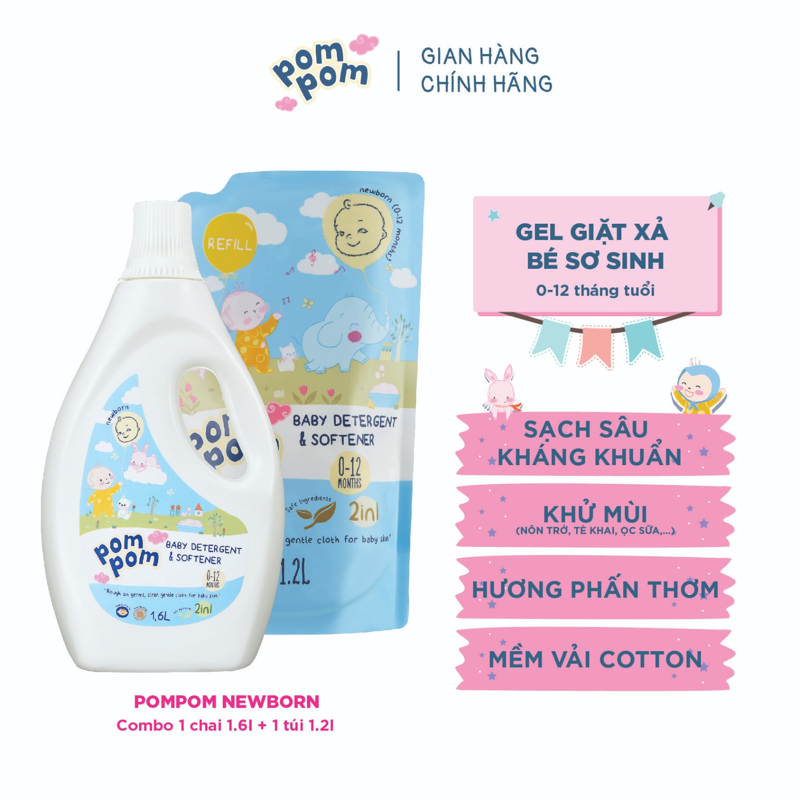 Combo Refill Pom Pom Newborn (01 Chai + 01 Túi 1.2L)