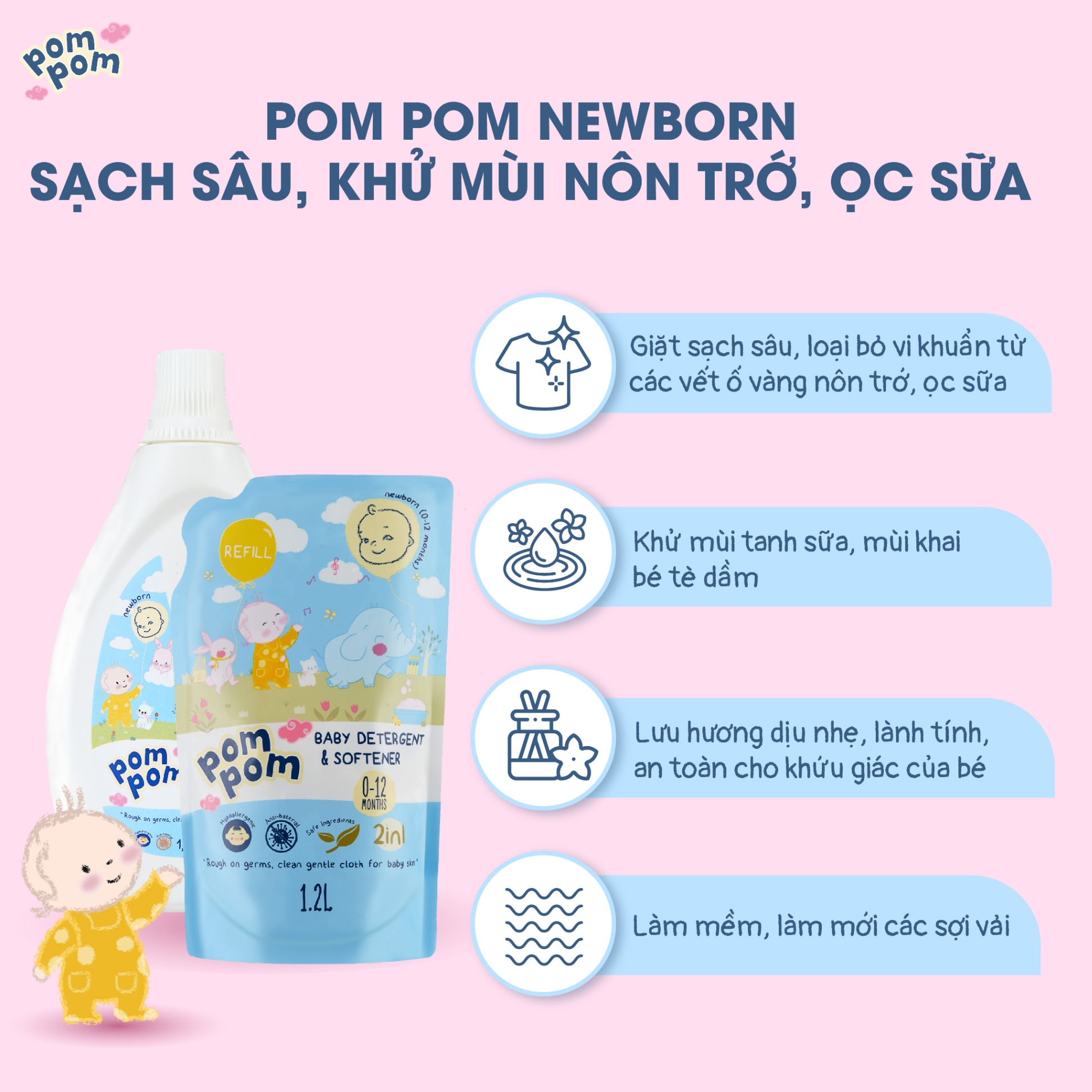 Combo Refill Pom Pom Newborn (01 Chai + 01 Túi 1.2L)