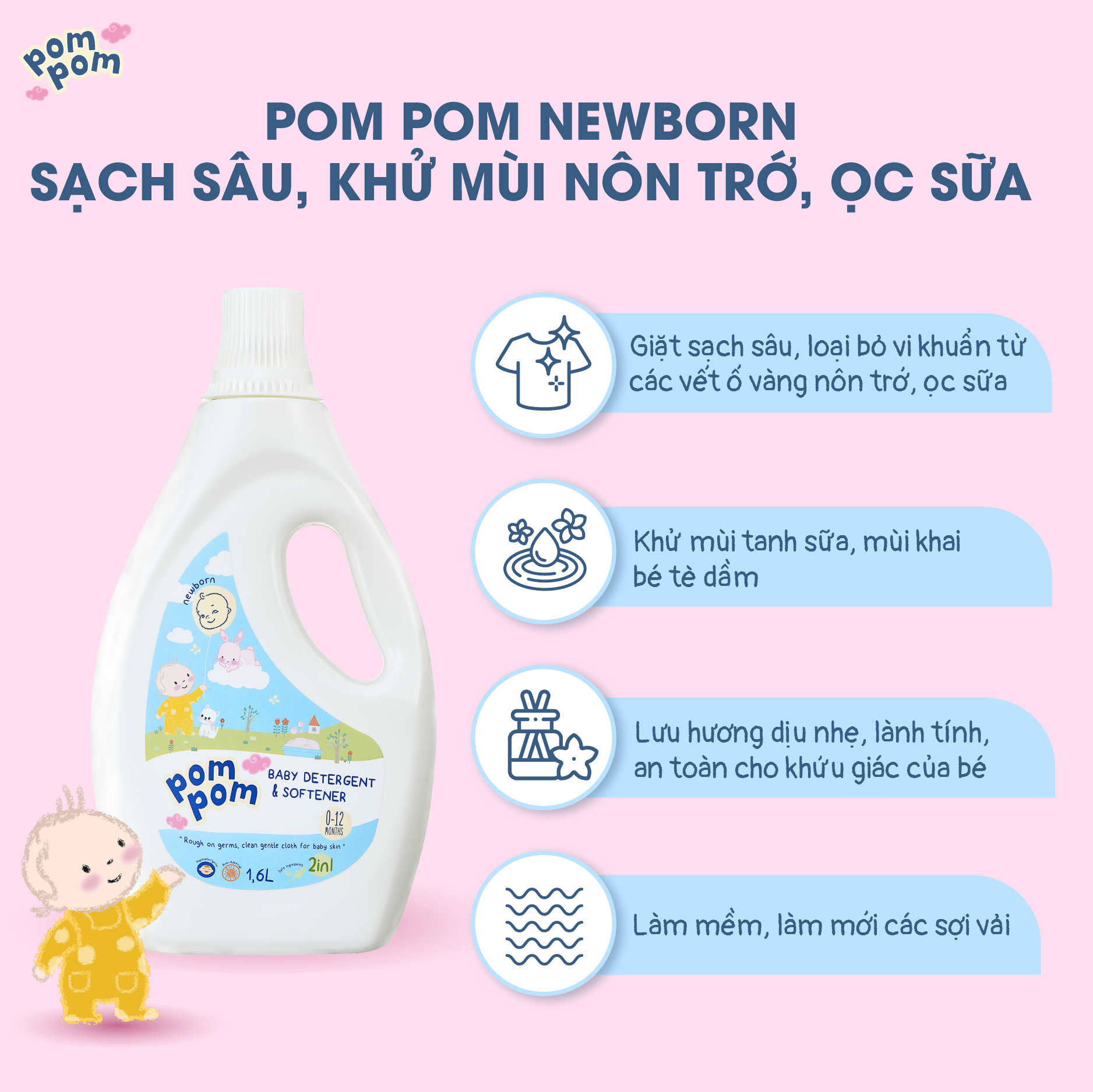 CHAI 1.6L POM POM NEWBORN - GEL GIẶT XẢ DÀNH CHO BÉ SƠ SINH 0 - 12 THÁNG