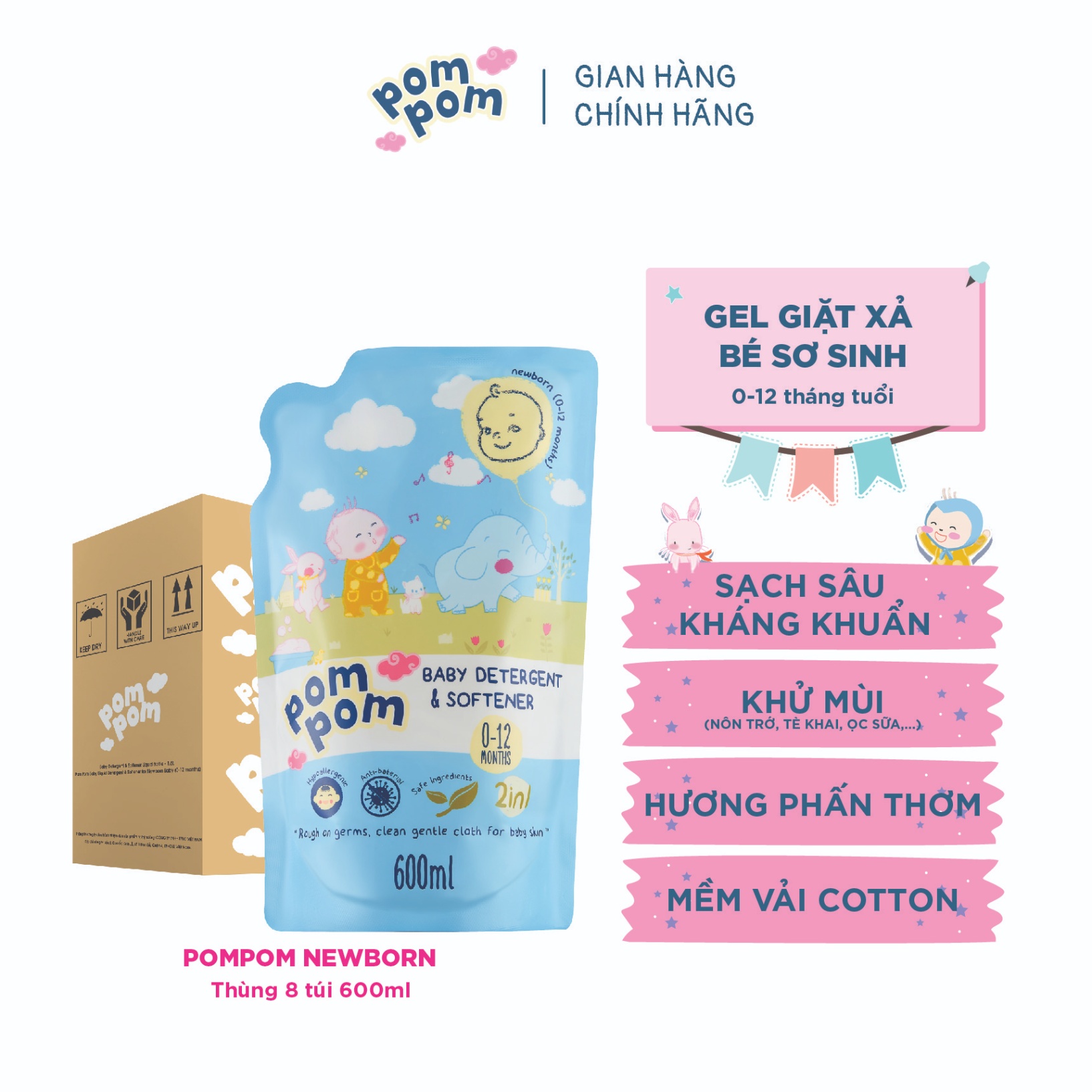 Thùng 8 Túi 600ml Pom Pom Newborn - Gel Giặt xả dành cho Bé 0 - 12 tháng