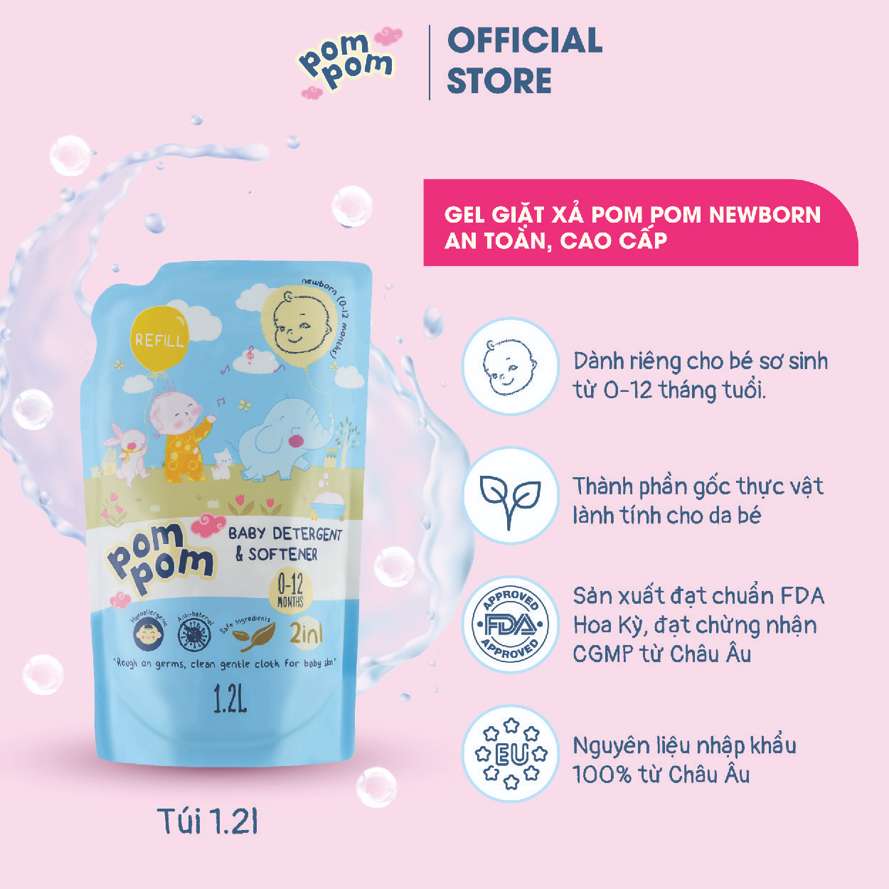 Túi 1.2L Pom Pom Newborn - Gel Giặt Xả Dành Cho Bé 0-12 Tháng