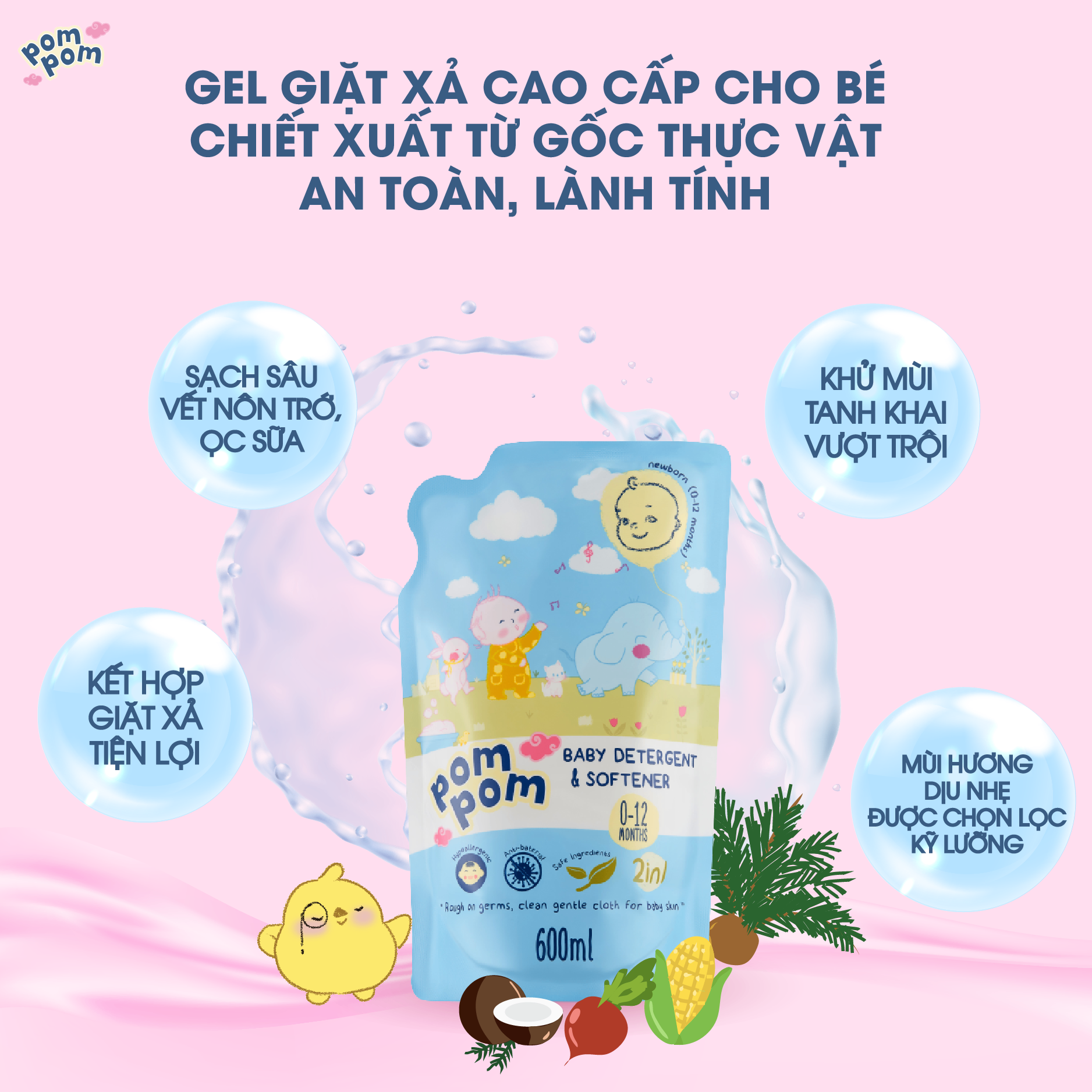 Thùng 8 Túi 600ml Pom Pom Newborn - Gel Giặt xả dành cho Bé 0 - 12 tháng