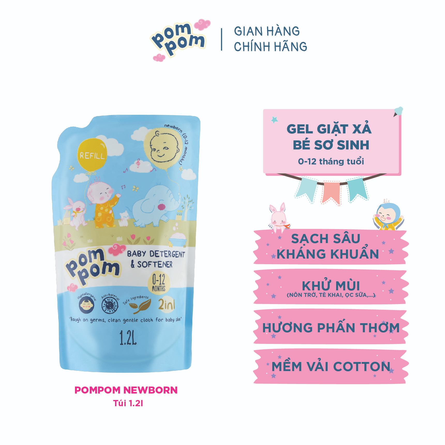 Túi 1.2L Pom Pom Newborn - Gel Giặt Xả Dành Cho Bé 0-12 Tháng