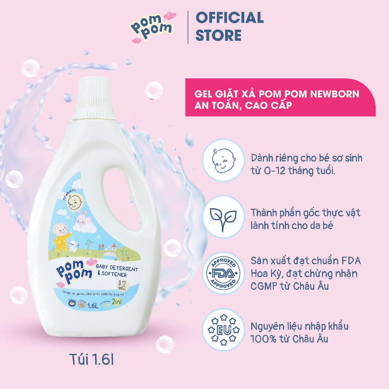 CHAI 1.6L POM POM NEWBORN - GEL GIẶT XẢ DÀNH CHO BÉ SƠ SINH 0 - 12 THÁNG