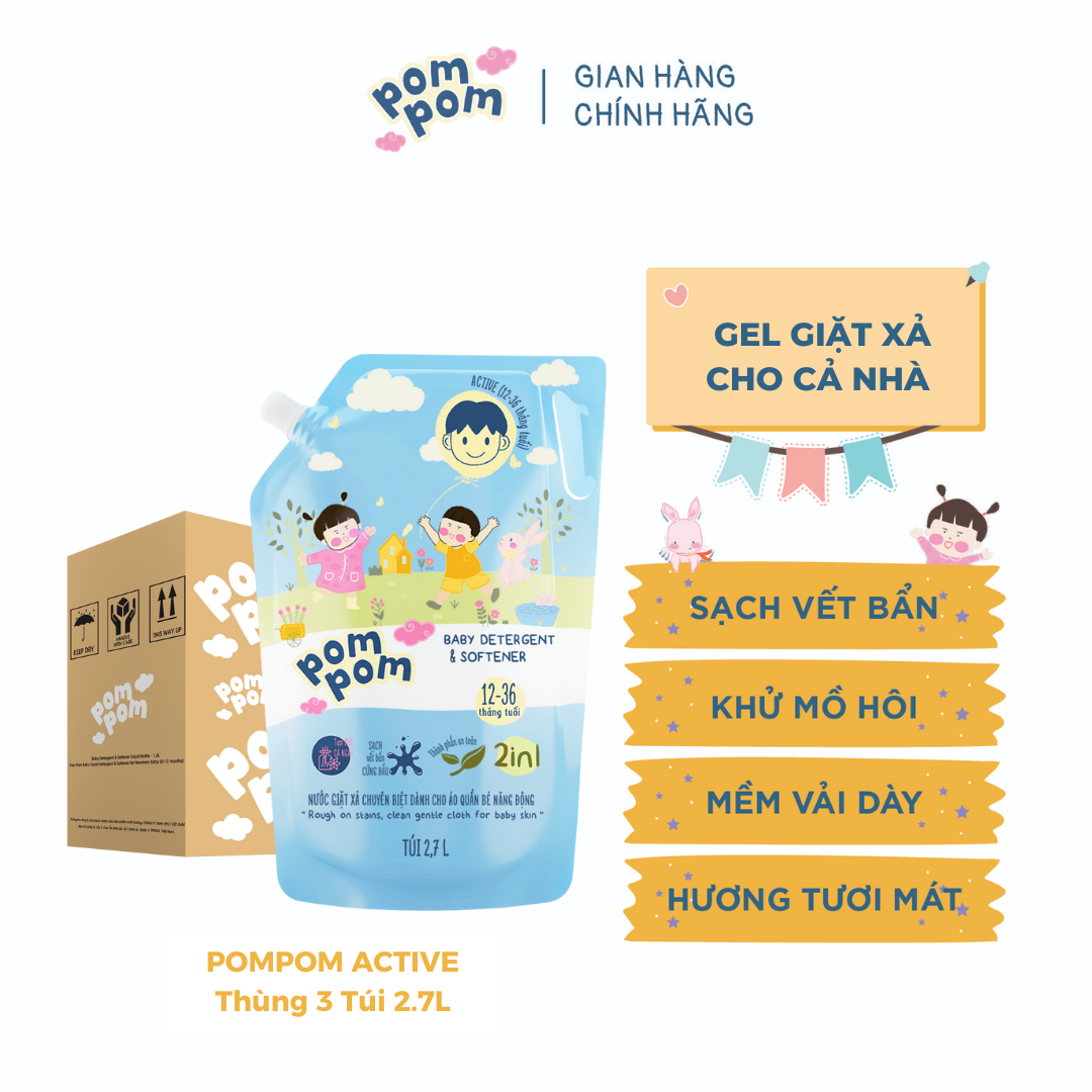 Thùng 3 Túi 2.7L Pom Pom Active - Gel Giặt Xả Cho Bé Từ 1 Tuổi & Cả Nhà