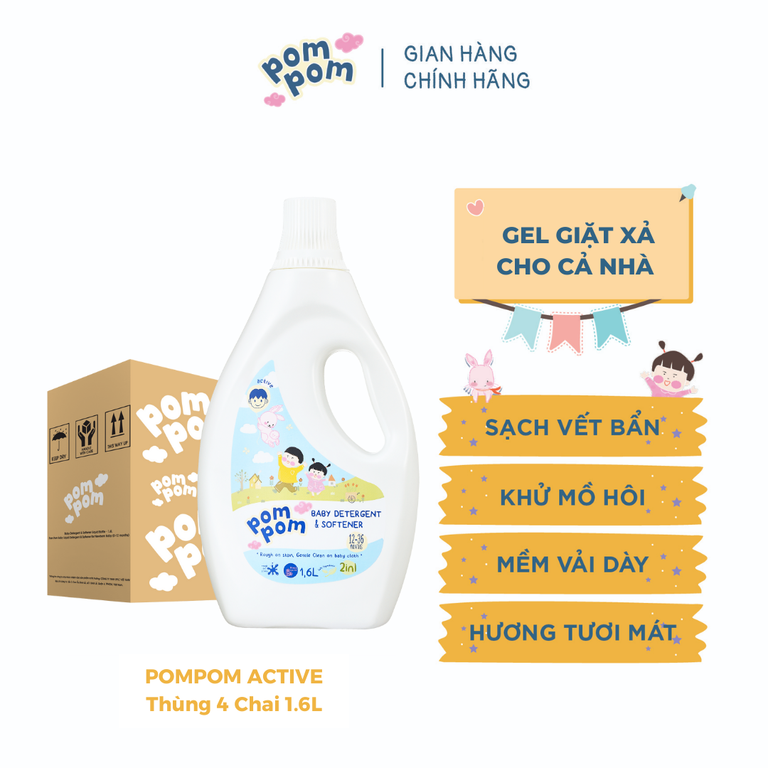 Thùng 4 Chai 1.6L Pom Pom Active - Gel Giặt Xả Cho Bé Từ 1 Tuổi & Cả Nhà