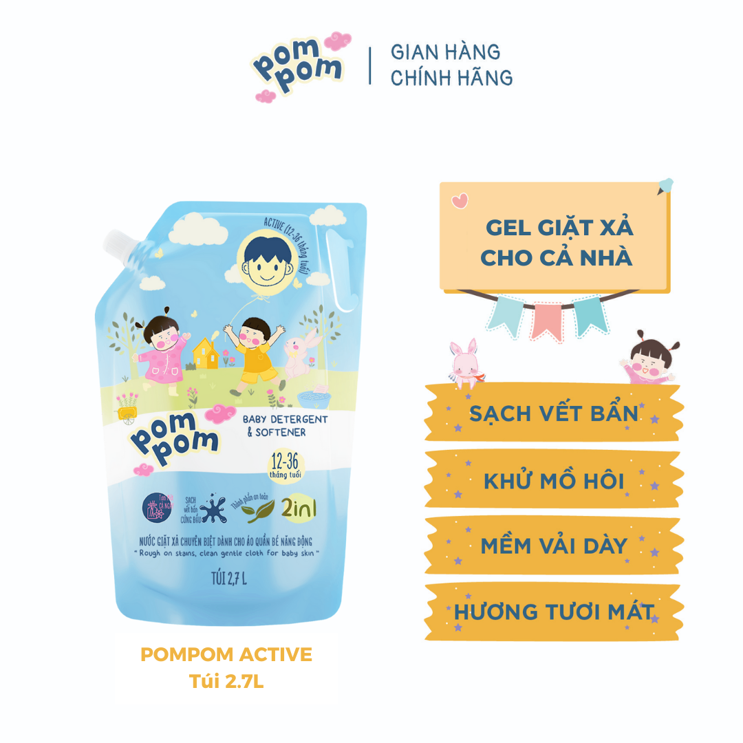 Túi 2.7L Pom Pom Active - Gel Giặt Xả Cho Bé Từ 1 Tuổi & Cả Nhà