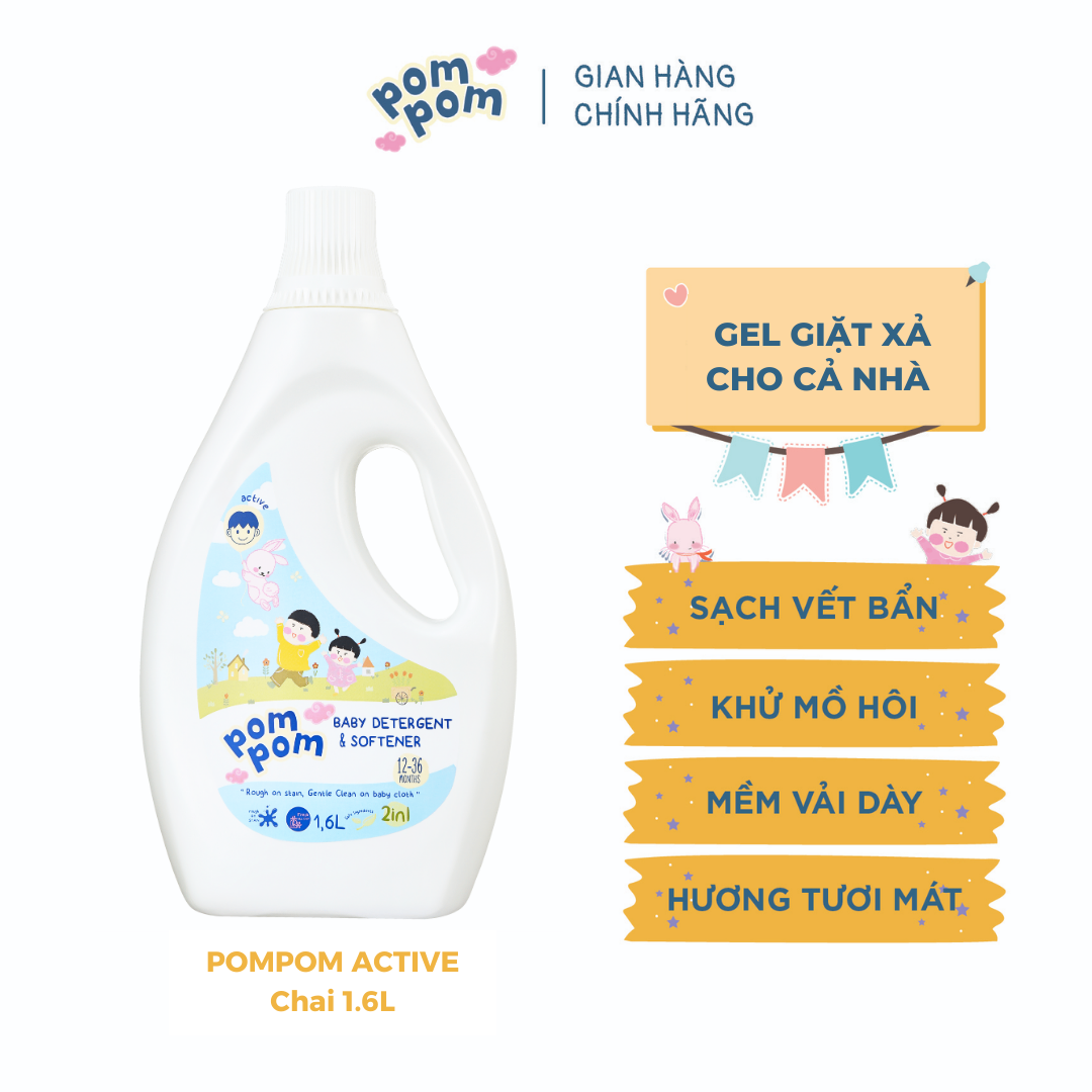 Chai 1.6L Pom Pom Active - Gel Giặt xả cho Bé Từ 1 tuổi và Cả Nhà