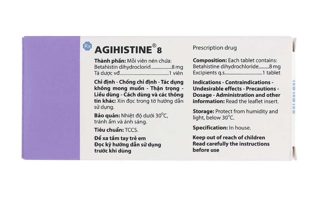 Agihistine 8 trị hội chứng hội chứng Ménière (5 vỉ x 20 viên).webp
