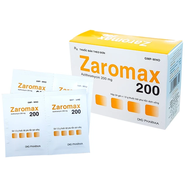 Bột pha hỗn dịch uống Zaromax 200 DHG Pharma điều trị viêm phế quản, viêm phổi (24 gói).webp