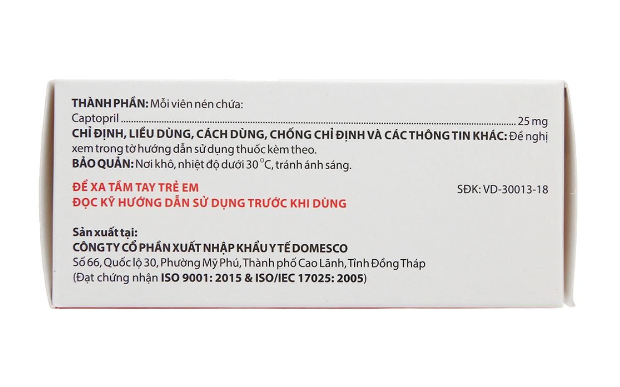 Thuốc Captopril 25mg Domesco điều trị tăng huyết áp, suy tim, nhồi máu cơ tim (10 vỉ x 10 viên).webp