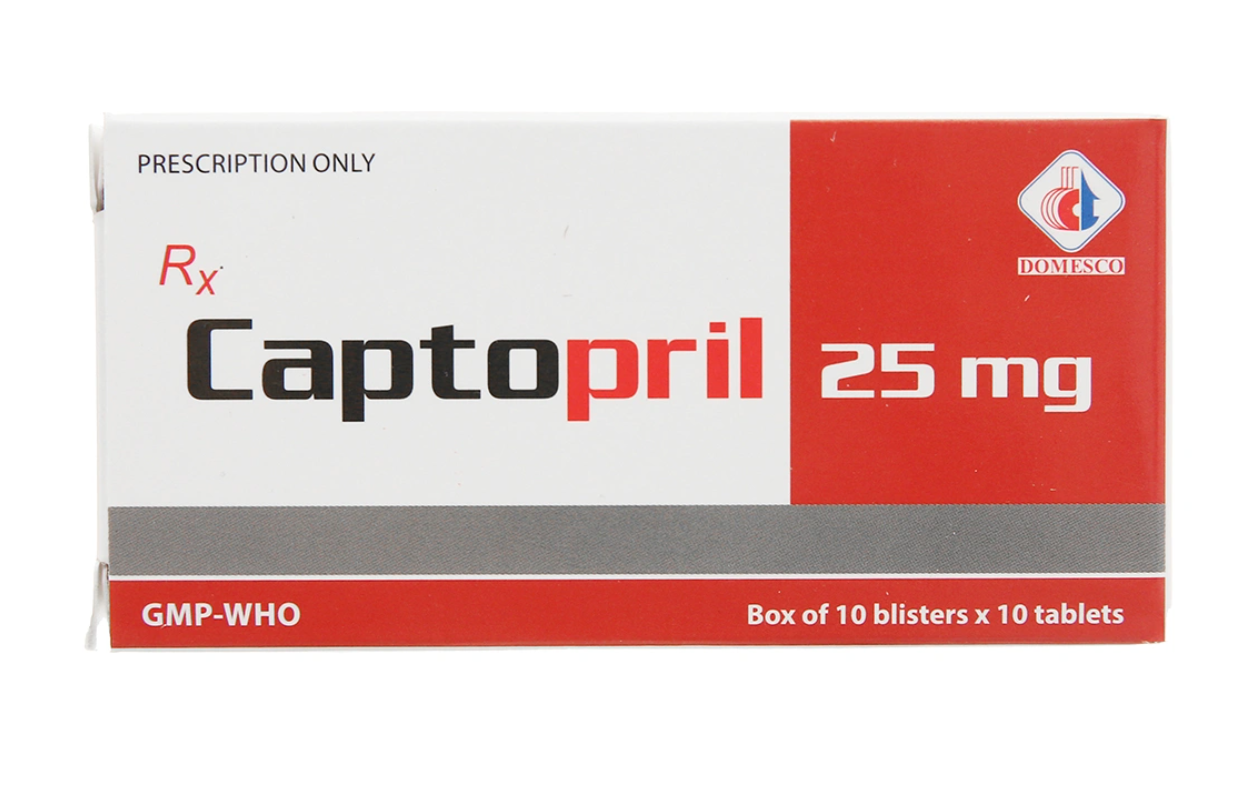 Thuốc Captopril 25mg Domesco điều trị tăng huyết áp, suy tim, nhồi máu cơ tim (10 vỉ x 10 viên).webp