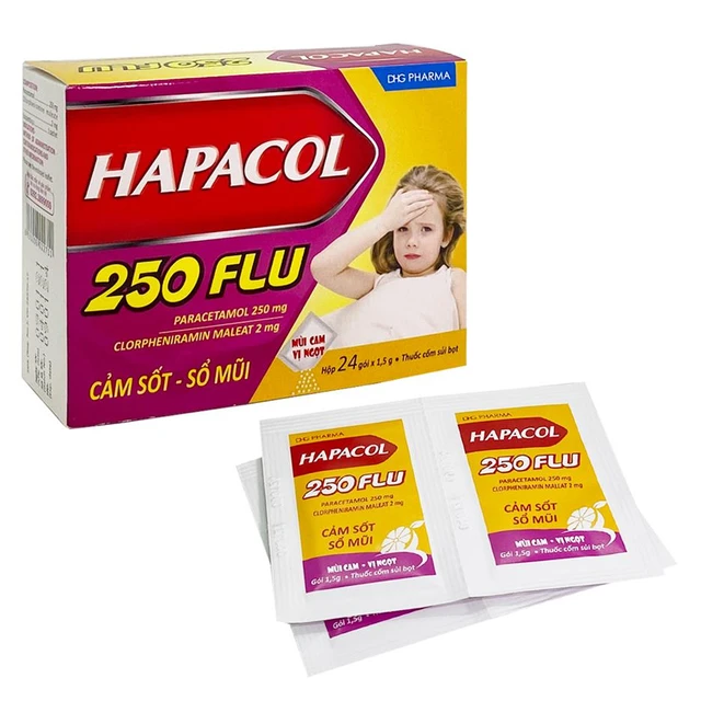 Cốm Hapacol 250 Flu DHG điều trị cảm sốt, sổ mũi (24 gói).webp
