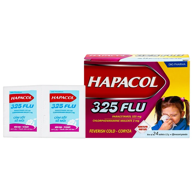 Cốm Hapacol 325 Flu DHG điều trị đau đầu, đau nửa đầu, đau răng (24 gói).webp