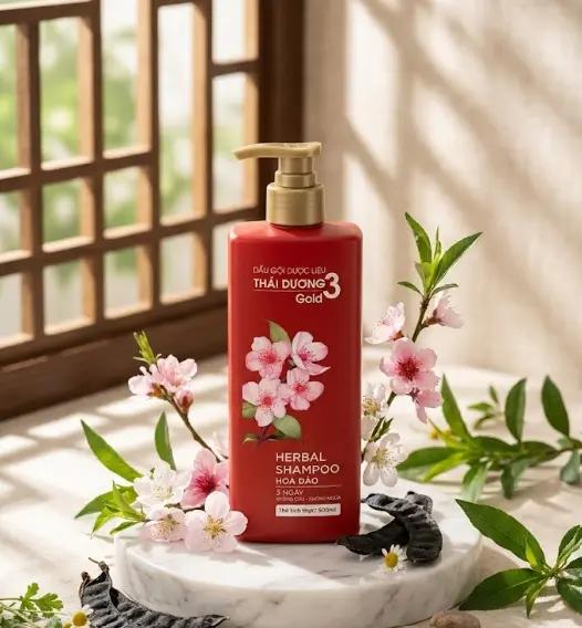 Dầu gội Dược Liệu Thái Dương 3 Gold Hoa Đào (500ml).webp