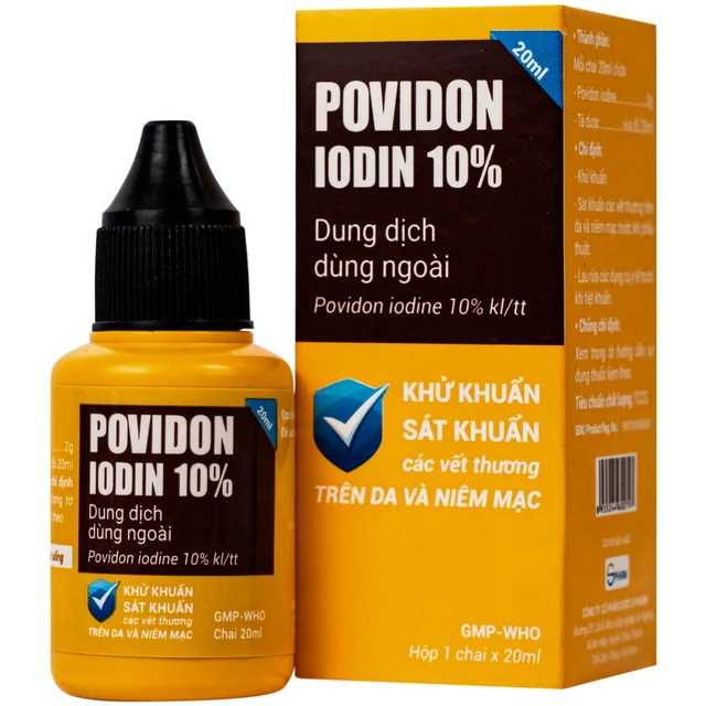Dung dịch dùng ngoài Povidon Iodin 10% S.Pharm khử khuẩn, sát khuẩn các vết thương trên da và niêm mạc (Hộp 20ml).webp