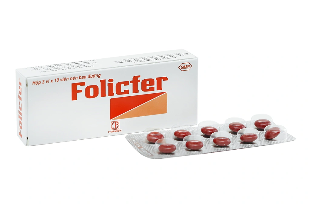 Folicfer bổ sung sắt và axit folic, trị thiếu máu (3 vỉ x 10 viên).webp