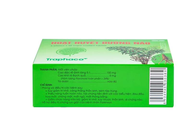Viên bao đường Hoạt Huyết Dưỡng Não Traphaco cải thiện trí nhớ, giảm đau đầu (5 vỉ x 20 viên).webp