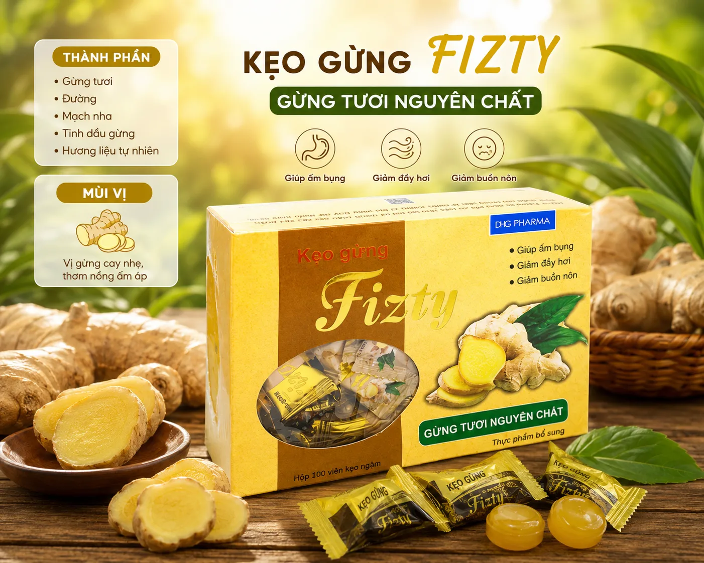 Kẹo Gừng Fizty Hỗ Trợ Tiêu Hóa (Hộp 100 Viên).webp