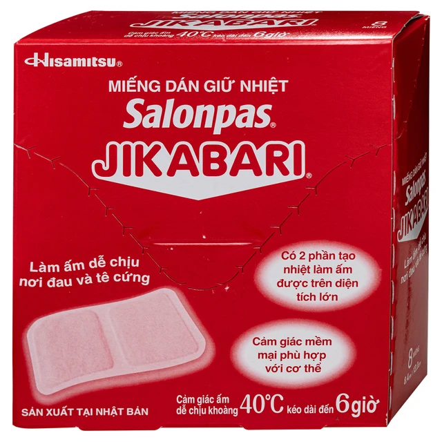 Miếng dán giữ nhiệt Salonpas Jikabari Hisamitsu 8.4x13cm (8 miếng) giúp làm ấm, làm dễ chịu vùng da đau và tê cứng.webp