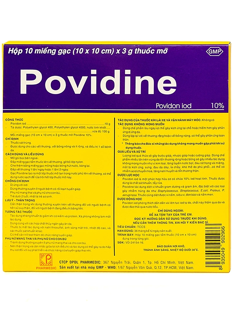 Miếng gạc Povidine 10% sát trùng vết thương, vết bỏng (Hộp 10 miếng).webp