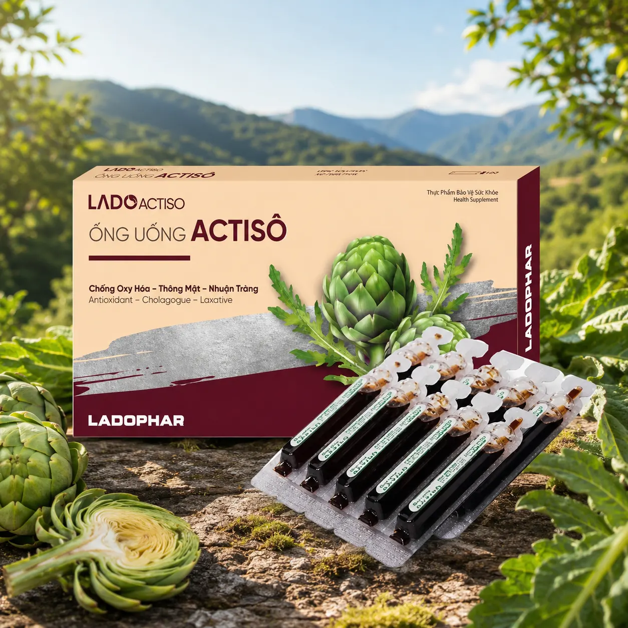 Ống uống Actiso Ladophar Giúp mát gan - lợi mật (Hộp 10 ống).webp
