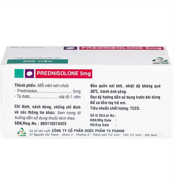 Thuốc Prednisolone 5mg TV.Pharm chống viêm, chống dị ứng và ức chế miễn dịch (10 vỉ x 20 viên).webp