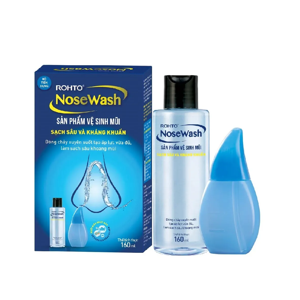 Bộ sản phẩm rửa mũi tiện dụng Rohto NoseWash Miniset (1 bình vệ sinh mũi Easy Shower + 1 chai dung dịch 160ml).webp