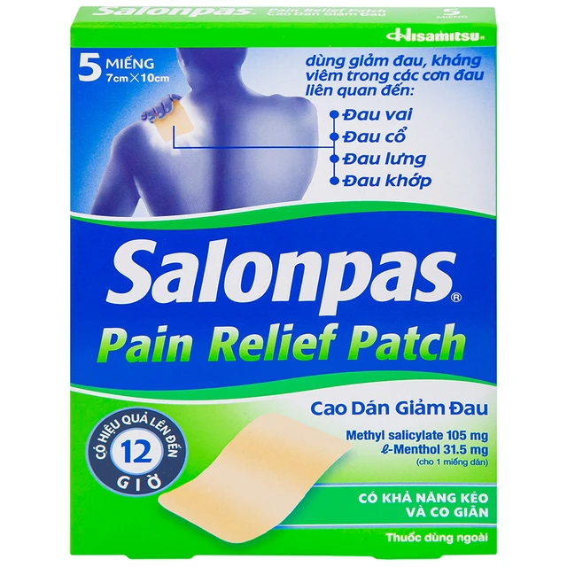 Cao dán giảm đau Salonpas Pain Relief Patch dùng trong các cơn đau vai, đau cổ (7cm x 10 cm - 5 miếng).webp
