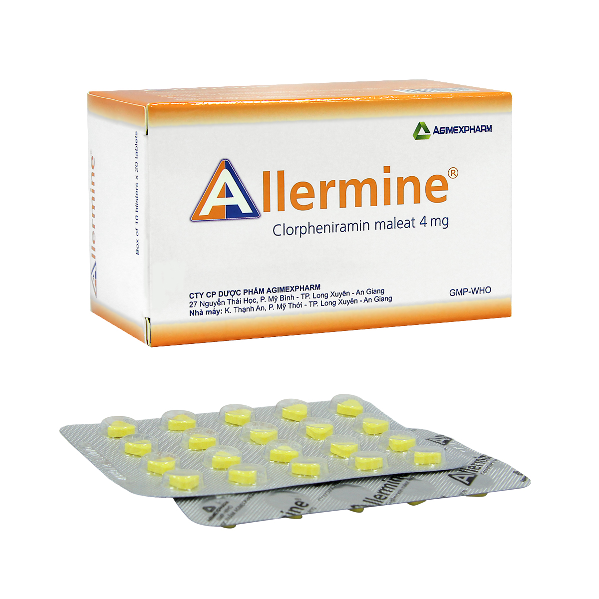 Thuốc Allermine 4mg Agimexpharm điều trị dị ứng cấp và mãn tính (10 vỉ x 20 viên).jpg