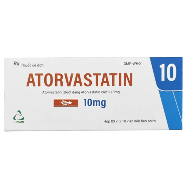 Thuốc Atorvastatin 10mg TV.Pharm điều trị tăng cholesterol toàn phần, LDL-cholesterol (3 vỉ x 10 viên).webp