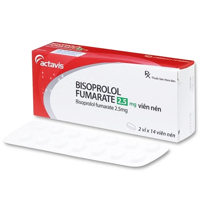 Thuốc Bisoprolol Fumarate 2.5mg Actavis điều trị tăng huyết áp, đau thắt ngực ổn định mạn tính (2 vỉ x 14 viên).webp