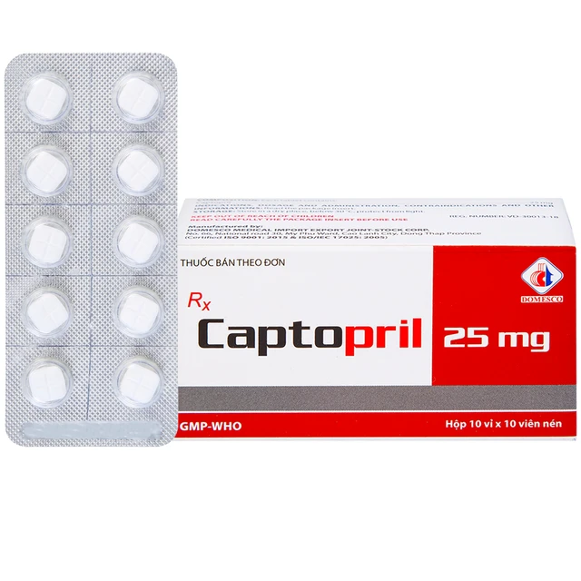 Thuốc Captopril 25mg Domesco điều trị tăng huyết áp, suy tim, nhồi máu cơ tim (10 vỉ x 10 viên).webp