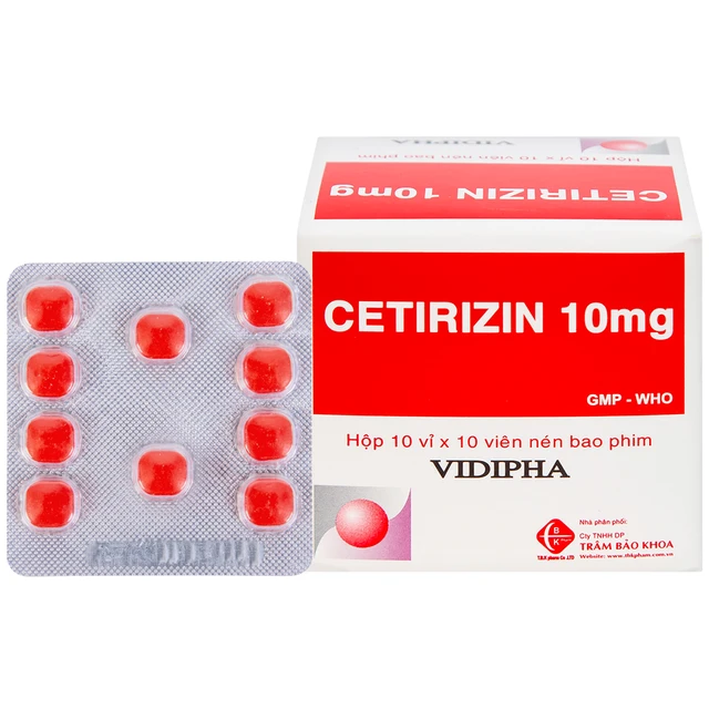 Thuốc Cetirizin 10mg Vidipha điều trị triệu chứng viêm mũi dị ứng, mày đay (10 vỉ x 10 viên).webp