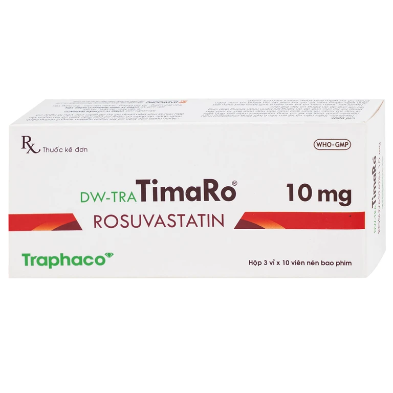 Thuốc DW-TRA TimaRo Rosuvastatin 10mg Traphaco điều trị rối loạn lipid máu ở người lớn và trẻ em (3 vỉ x 10 viên).webp
