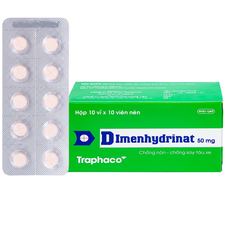 Thuốc Dimenhydrinat 50mg Traphaco chống nôn, chống say tàu xe (10 vỉ x 10 viên).webp
