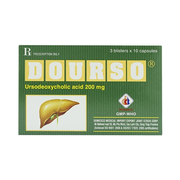 Thuốc Dourso 200mg Domesco điều trị sỏi túi mật cholesterol (3 vỉ x 10 viên).webp