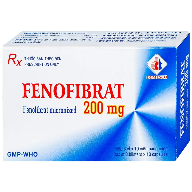 Thuốc Fenofibrate 200mg Domesco điều trị rối loạn lipoprotein huyết (3 vỉ x 10 viên).webp
