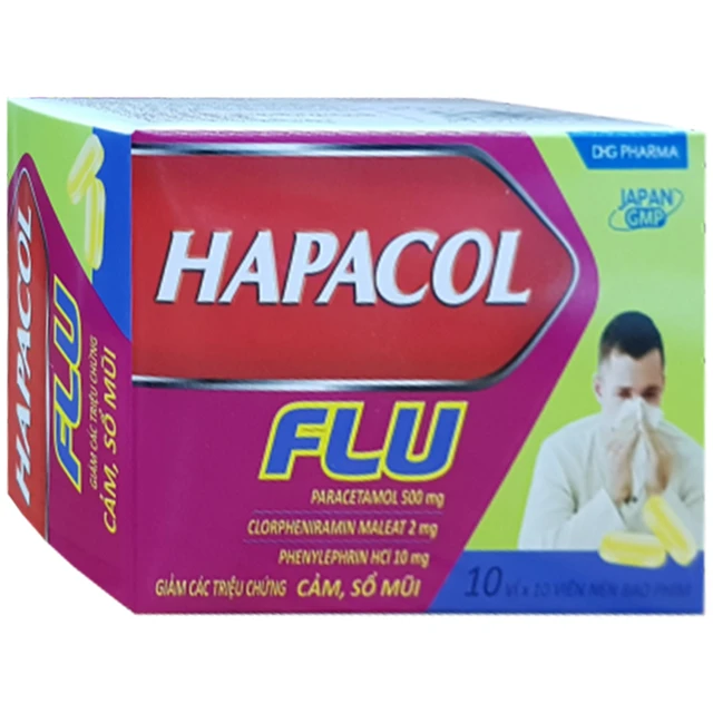 Thuốc Hapacol Flu DHG điều trị cảm sốt, nhức đầu, đau nhức cơ bắp, xương khớp kèm theo nghẹt mũi (10 vỉ x 10 viên).webp