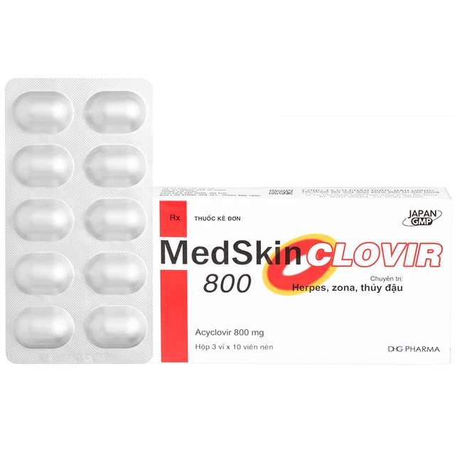 Thuốc MedSkin Clovir 800 DHG điều trị nhiễm virus Herpes simplex, bệnh thủy đậu, viêm phổi do Zona (3 vỉ x 10 viên).webp