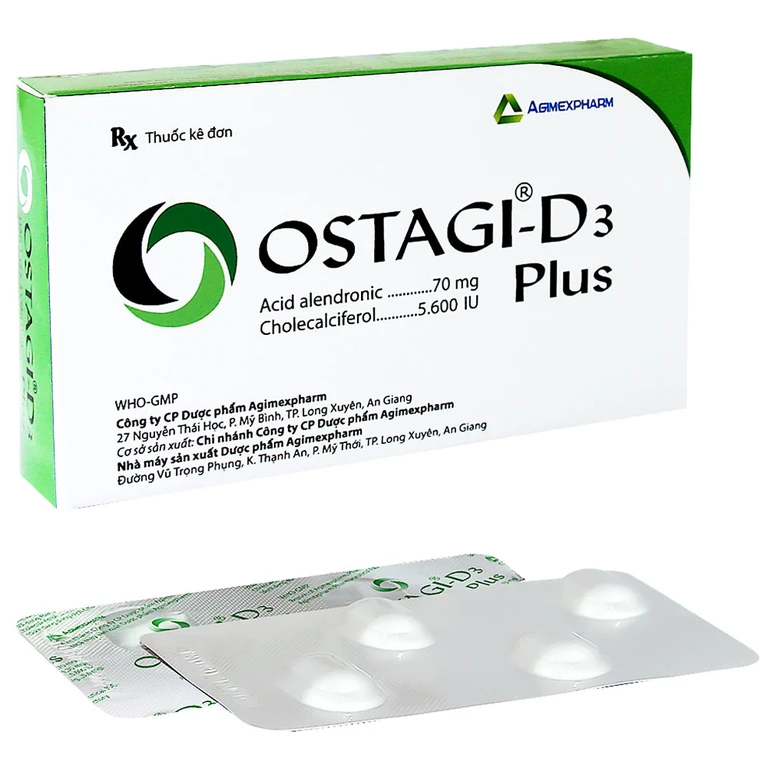 Thuốc Ostagi - D3 Plus Agimexpharm điều trị loãng xương ở phụ nữ mãn kinh và nam giới (1 vỉ x 4 viên).webp
